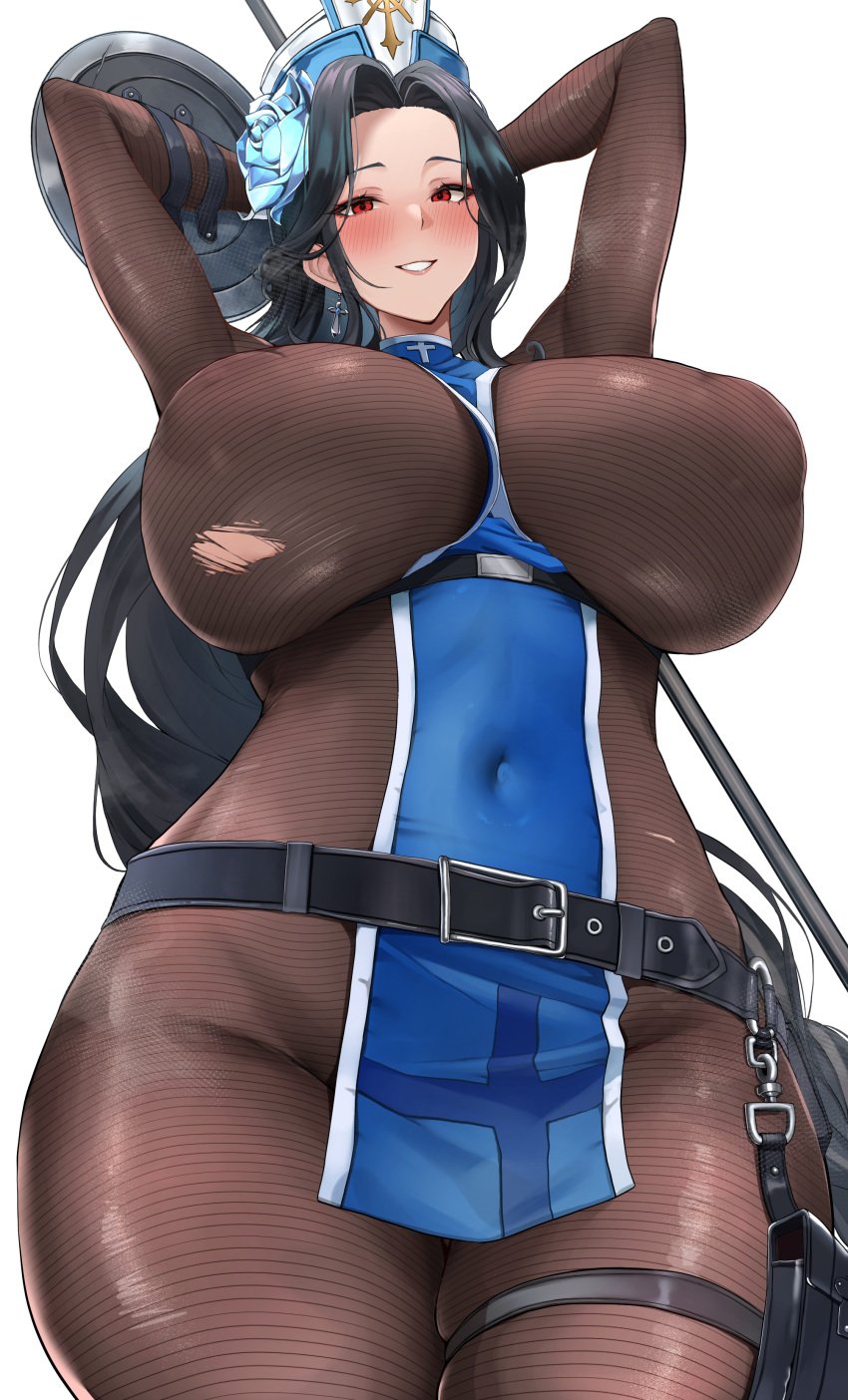 absurdres arms_behind_head arms_up belt black_hair blue_hat blush bodystocking breasts covered_navel covered_nipples earrings female flower goddess_of_victory:_nikke grin hat highres huge_breasts jewelry long_hair looking_at_viewer maiden_(ice_rose)_(nikke) maiden_(nikke) mitre nunu_(pixiv69145027) parted_bangs pelvic_curtain red_eyes shield smile thick_thighs thigh_strap thighs torn_bodystocking torn_clothes