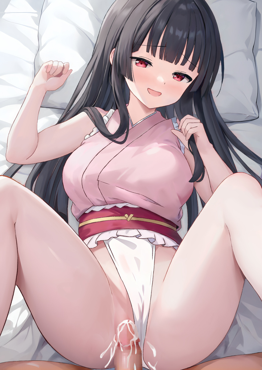 1boy absurdres after_sex after_vaginal black_hair blunt_bangs blush breasts censored commentary_request cum cum_in_pussy feet_out_of_frame female frilled_sash fundoshi highres hoshimi_tooni houraisan_kaguya japanese_clothes long_hair looking_at_viewer lying medium_breasts mosaic_censoring on_back on_bed open_mouth penis pillow pink_shirt pussy red_eyes red_sash sash shirt sleeveless sleeveless_shirt smile solo_focus spread_legs straight touhou touhou_tag_dream