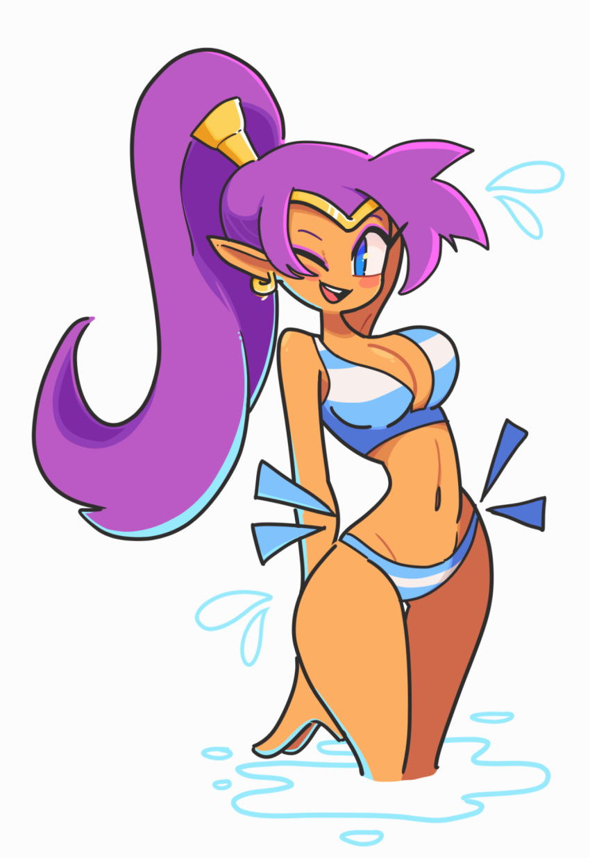 bikini breasts female gro-ggy hips purple_hair shantae shantae_(character) simple_background smooth_skin solo white_background wink winking_at_viewer