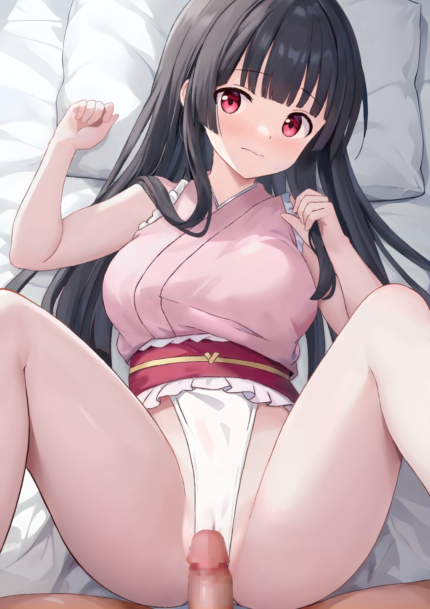 1boy absurdres black_hair blunt_bangs blush breasts cameltoe censored commentary_request feet_out_of_frame female frilled_sash fundoshi highres hoshimi_tooni houraisan_kaguya japanese_clothes long_hair looking_at_viewer lying medium_breasts mosaic_censoring on_back on_bed penis pillow pink_shirt red_eyes red_sash sash shirt sleeveless sleeveless_shirt solo_focus spread_legs straight touhou touhou_tag_dream