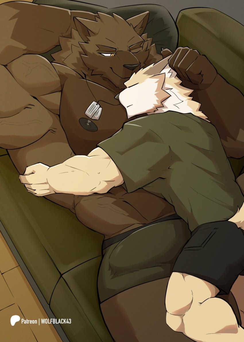 2024 anthro barazoku bottomwear canid canine canis clothing cuddling digital_media_(artwork) dog_tags duo erection erection_under_clothing fur furniture hi_res larger_male lying lying_on_sofa male male/male mammal military multicolored_body multicolored_fur muscular muscular_anthro muscular_male neck_tuft on_sofa one_eye_closed patreon patreon_logo pecs pillow raised_arm shorts size_difference sleeping sleeping_together smaller_male sofa topwear tuft underwear vein wolf wolfblack43 yellow_eyes