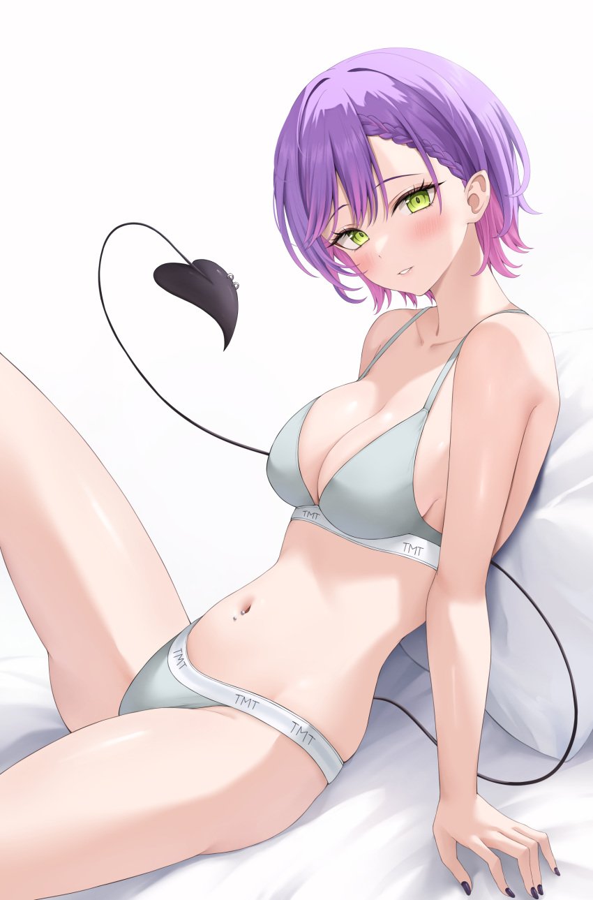 black_nails blush cornrows holoforce hololive hololive_japan looking_at_viewer medium_breasts nail_polish on_bed reclining seductive seductive_look seductive_smile short_hair sports_bra sportswear tokoyami_towa tomboy underwear underwear_only virtual_youtuber