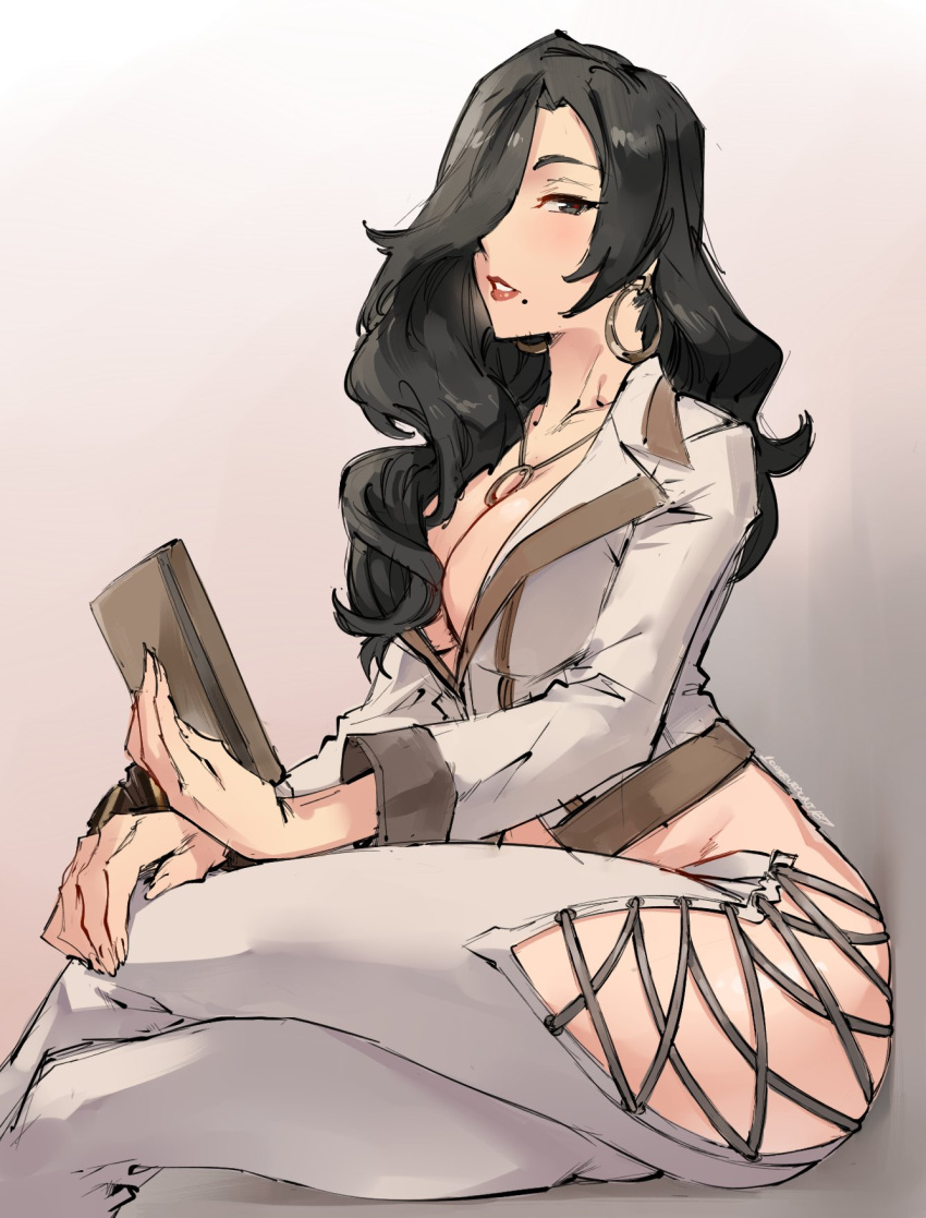 amamiya_tsubaki battoussaiiart big_breasts black_hair crossed_legs female_focus female_only god_eater huge_breasts legs_crossed mommy thick_ass thick_thighs white_clothing white_suit woman_in_suit woman_only