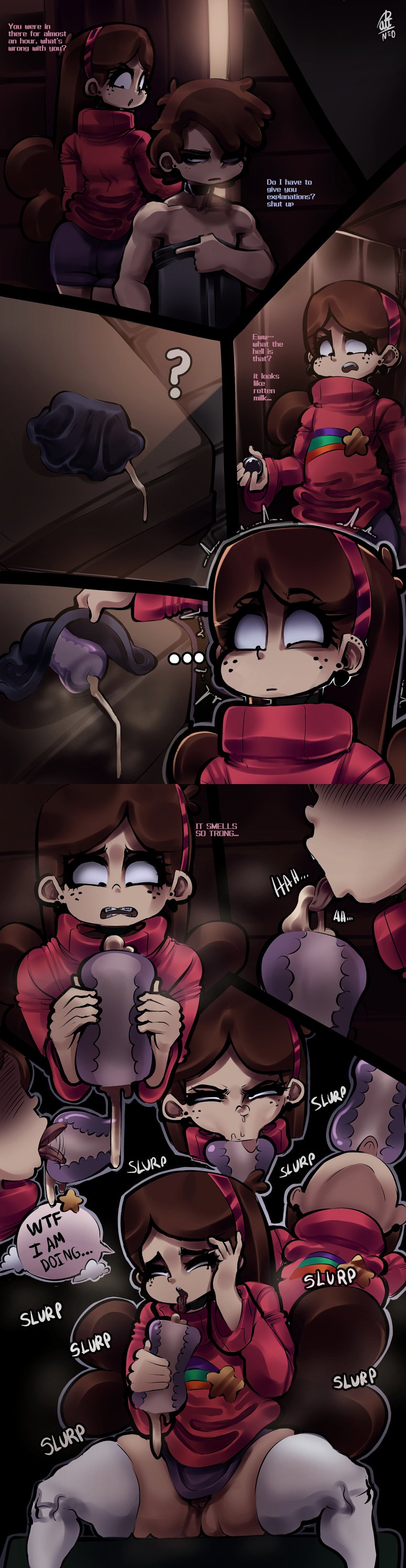 bath_toy big_thighs brown_hair close-up comic cum cum_in_fleshlight dipper_pines drinking drinking_cum english english_dialogue english_text fleshlight gigantic_thighs gravity_falls huge_thighs long_hair mabel_pines penicilino123 pepitocuario123 pink_sweater semen thick_thighs thighs thought_bubble tongue tongue_out