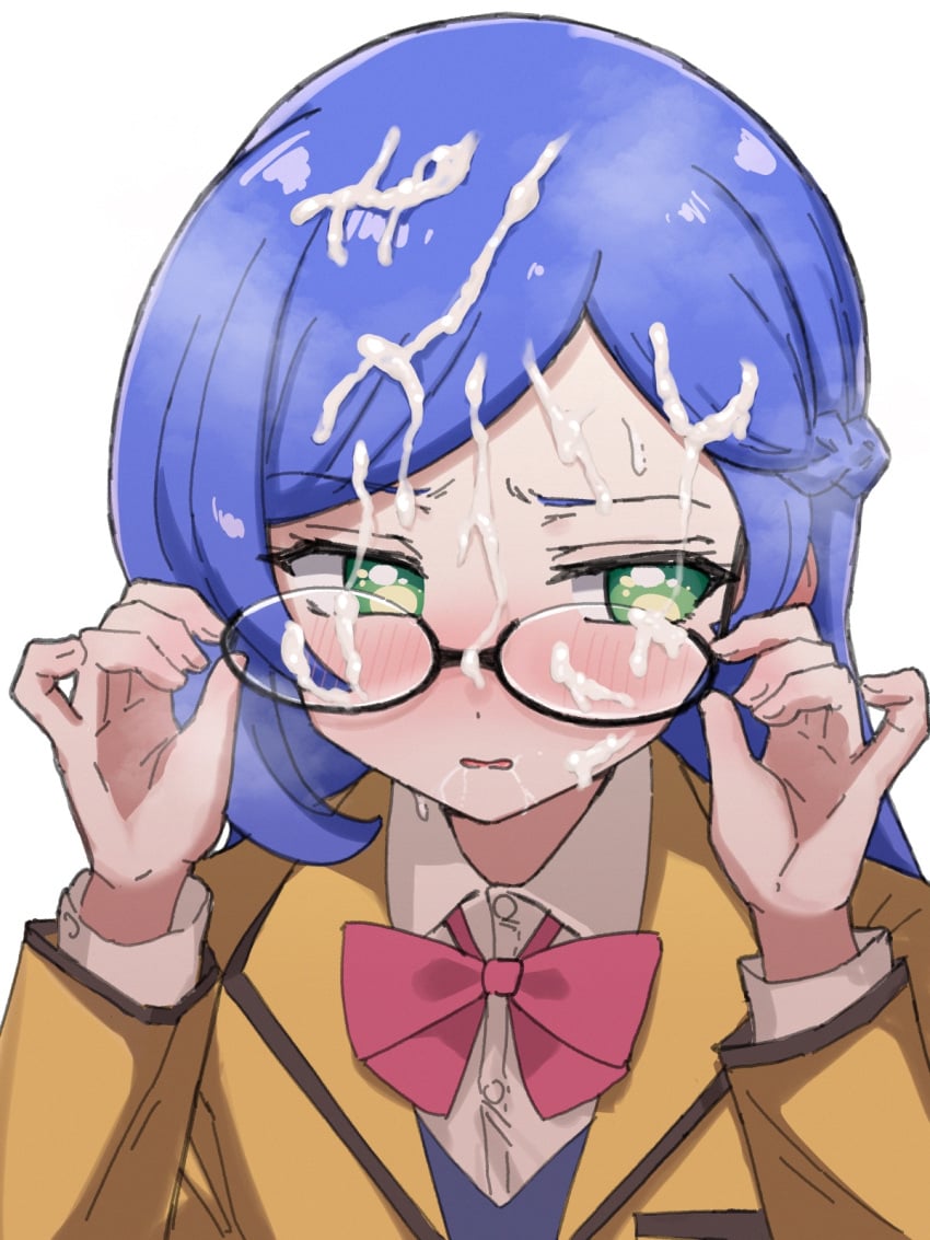 aoba_rinka averting_eyes blazer blue_hair blush bow bowtie cum cum_on_body cum_on_hair facial female glasses green_eyes highres jacket kiratto_pri_chan looking_to_the_side open_mouth pretty_series red_bow red_bowtie shino_(yaruki_nai_yatsu) shirt solo white_background white_shirt yellow_jacket