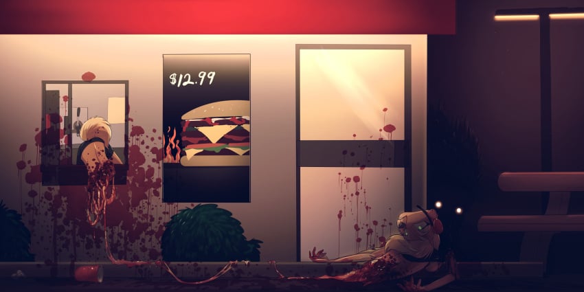 anthro blood blood_on_face blood_on_ground blood_on_wall blood_splatter bodily_fluids bottomwear breasts broken_neck canid canine canis clothed clothing corpse death detailed_background digital_media_(artwork) domestic_dog drive-thru fast_food female female_death fingers food frostbite80_(artist) fur gore guts hair hi_res husky intestines mammal neck_snap nordic_sled_dog organs outside severed_body_part shirt shorts solo spitz tail topwear