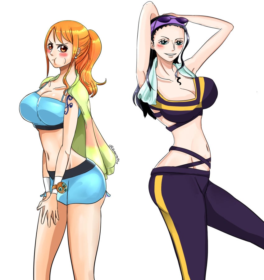 2girls big_breasts black_hair blue_eyes eyewear_on_head female female_only green_eyes huge_breasts long_hair nami navel nico_robin one_piece orange_eyes orange_hair ponytail samanta95 sunglasses swimsuit thighs