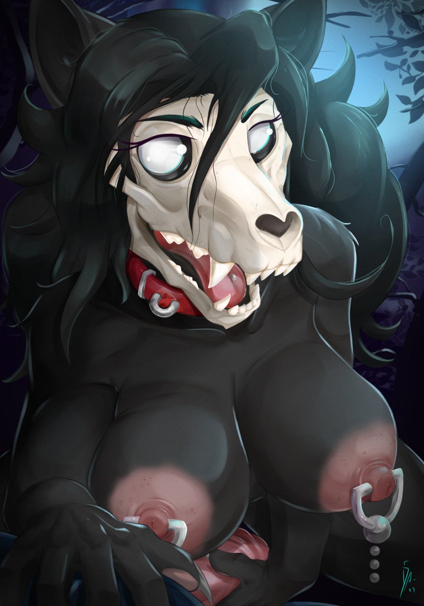 2024 anthro areola black_hair bone breasts canid canine collar dark-ahroun-friesian digital_media_(artwork) duo eyebrows eyelashes fangs female fingers genitals hair hi_res long_hair looking_at_viewer male male/female mammal nipples penis scp-1471-a scp_foundation skull skull_head skulldog_(species) solo_focus teeth