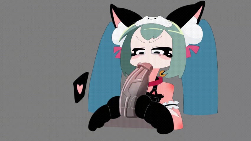 1girls animated black_eyes blowjob blue_hair cat_ears cat_paws chocolate-pete deepthroat deepthroat_no_hands female female_focus gif grey_background grey_body hatsune_miku heart light_skin maid mesugaki_miku mimukauwa_nice_try_(vocaloid) mv_character penis vocaloid