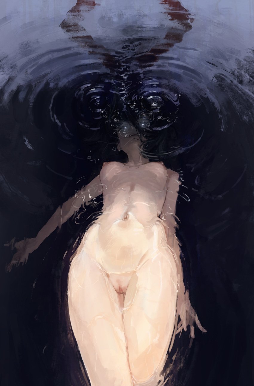 absurdres air_bubble arknights black_eyes black_hair breasts bubble commentary completely_nude diamond-shaped_pupils diamond_(shape) english_commentary female gandy_(gan3e46) glowing glowing_eyes highres long_hair looking_at_viewer medium_breasts nipples nude open_mouth partially_submerged presenting_pussy priestess_(arknights) pussy ripples smile solo symbol-shaped_pupils teeth upper_teeth_only