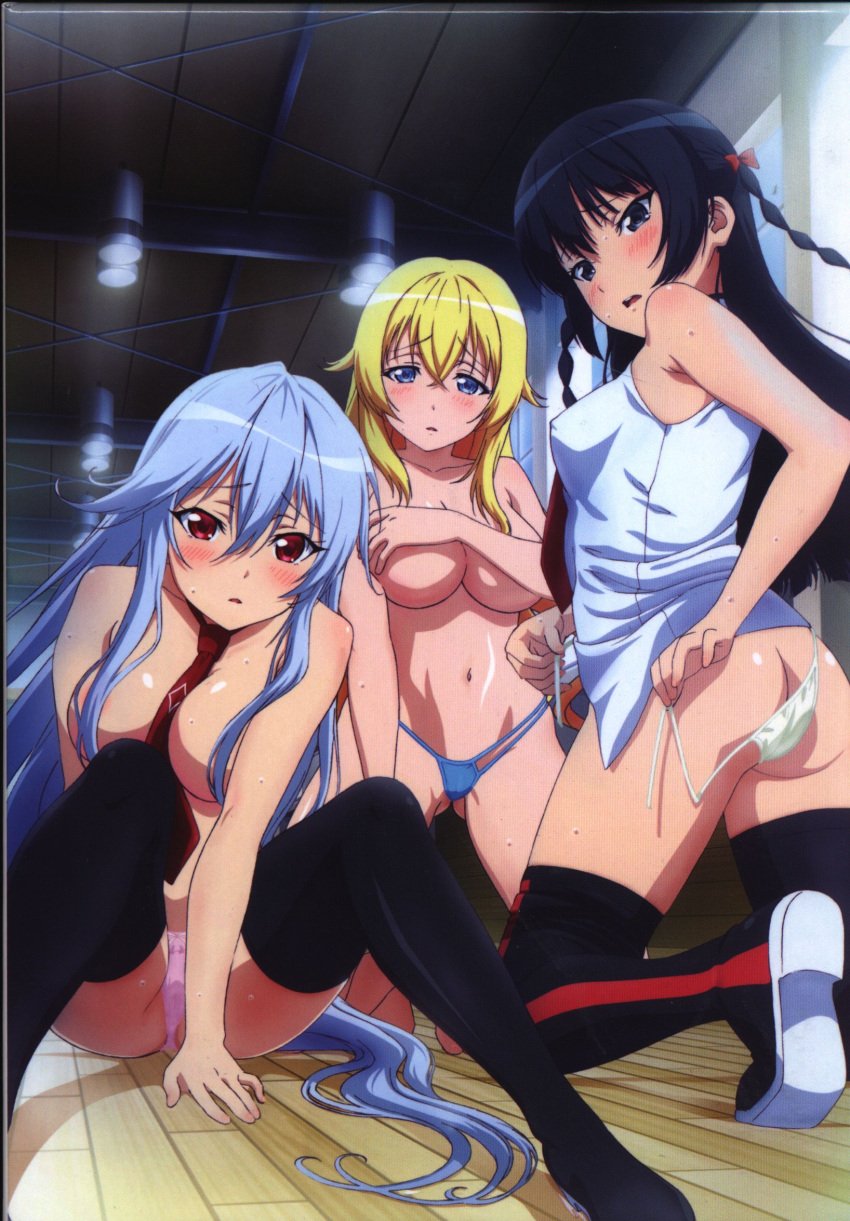 2girls 3girls aines_synclavia armpits ass bangs bare bare_ass bare_legs bare_shoulders bent_over between_breasts black_hair black_legwear black_thighhighs blonde_hair blu-ray_cover blue_eyes blue_hair blue_panties blue_underwear blush boots bow braid breasts censored censored_nipples cleavage clothes_pull clothing compression_artifacts cover covering covering_breasts fat_ass female footwear groin hair_between_eyes hair_ornament hair_over_breasts high_resolution himekawa_hayuru huge_ass indoors kadokawa kadokawa_shoten knee_boots kneeling large_breasts legs legwear long_hair looking_at_viewer looking_back masou_gakuen_hxh medium_breasts miyai_kana multiple_girls navel necktie necktie_between_breasts nipple_visible_through_shirt nipples official_art on_floor open_mouth panties_only pantsu pink_panties pink_underwear posterior_cleavage production_ims red_eyes sample seductive shoes side-tie_panties silver_hair sitting sleeveless sleeveless_shirt small_breasts string_panties sweat teen teen_girl teenage teenage_girl teenager thighhighs tied_hair topless twintails underwear underwear_only untied untied_panties very_long_hair white_hair white_panties white_underwear young yurishia_farandole