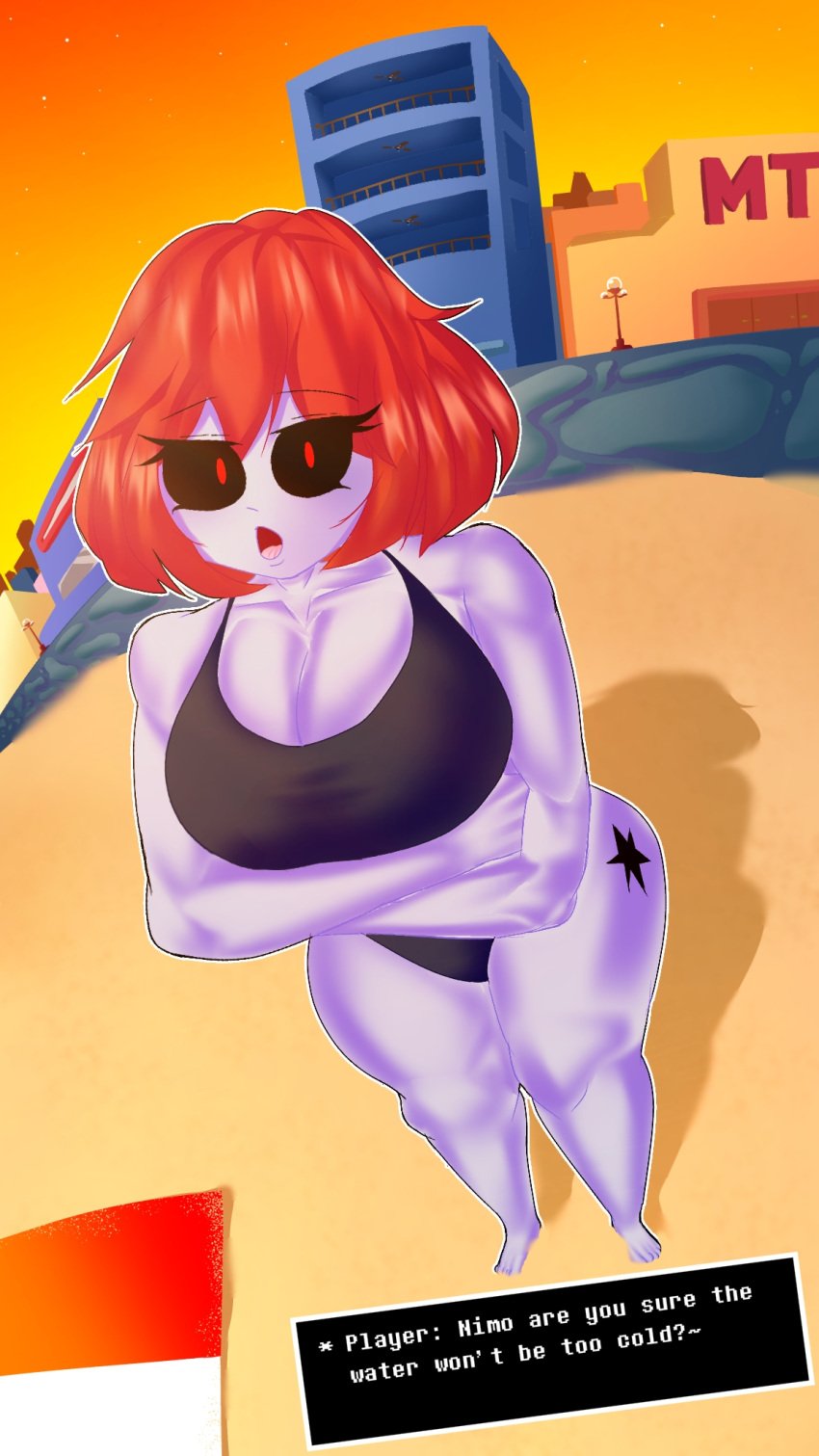 beach freddyyt200 gray_skin nimosity_sans player_(underplayer) pov red_eyes talking_to_viewer thick_thighs underplayer undertale undertale_(series) undertale_au