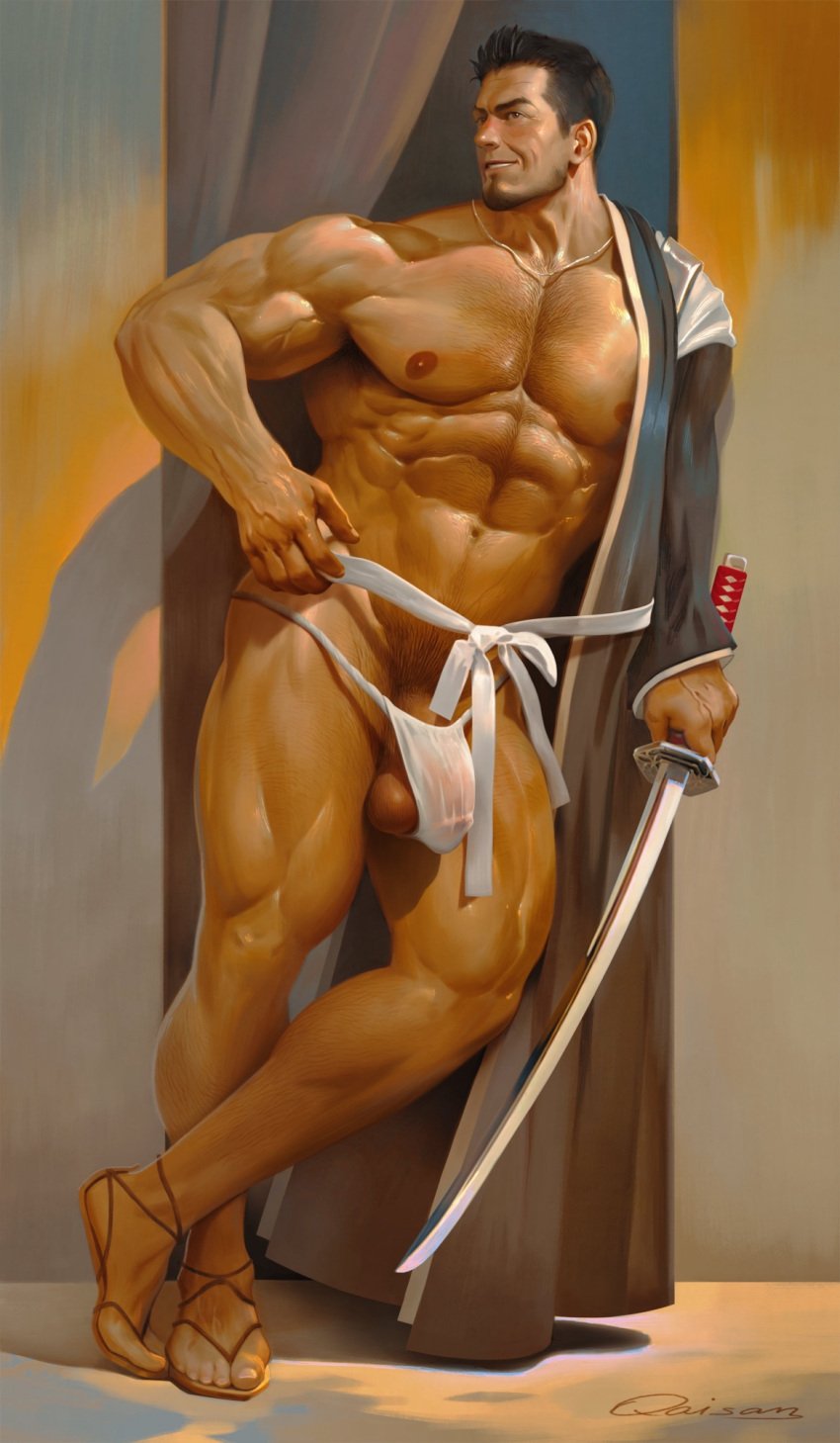 1boy abs bara bare_pectorals beard_stubble black_hair bleach chest_hair commentary facial_hair full_body fundoshi highres holding holding_sword holding_weapon japanese_clothes jewelry katana kurosaki_isshin large_pectorals leg_hair male_focus male_pubic_hair muscular muscular_male navel necklace nipples parted_lips pectorals pubic_hair qaisan short_hair signature smile solo stubble sword testicle_peek thick_thighs thighs underwear veins veiny_arms waraji weapon