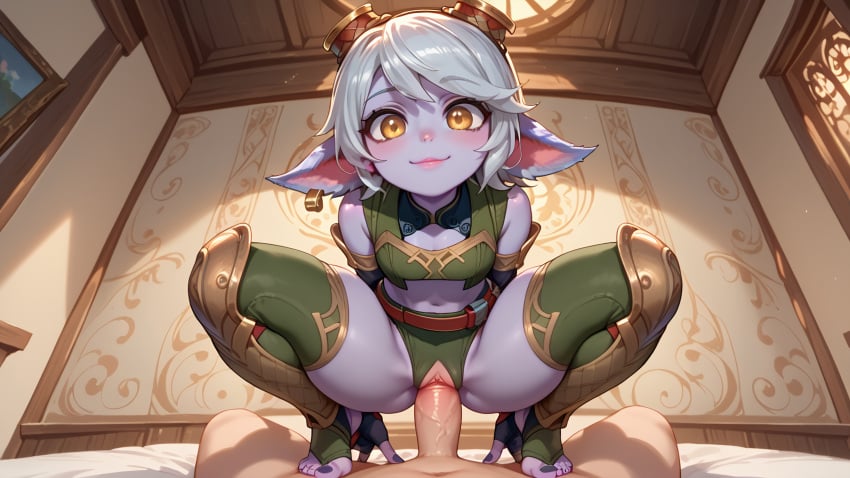 1girls ai_generated belly_button belt big_ass blush cowgirl_position earrings gloves goggles goggles_on_head green_topwear indoors league_of_legends leggings looking_at_viewer looking_down penis pointy_ears pussy sex short_hair skindentation small_breasts smiling smiling_at_viewer squatting thick_thighs tristana white_hair yellow_eyes yordle