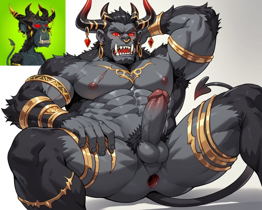 1boy ai_generated anal_gape anthro anus ape armlet armlets armpit_hair balls bara barazoku black_fur bored_ape_yacht_club demon demon_horns demon_tail earrings erection gape gaping gaping_anus glowing_eyes gold_armlet gold_trim grey_skin hand_behind_head hand_on_thigh horns jewelry leglet male muscle muscles muscular muscular_anthro muscular_male nft nft_monkey nose_ring penis plain_background primate pubes pubic_hair red_eyes simple_background solo stable_diffusion tail white_background