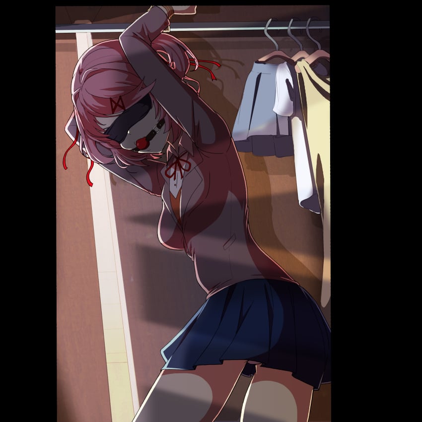 bdsm blindfold blindfolded bondage breasts doki_doki_literature_club gag gagged gagged_female natsuki_(doki_doki_literature_club) panty_peek pink_hair red_gag shadow skirt tiedtiki