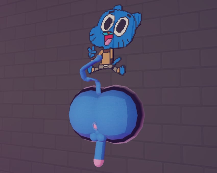 3d anthro anus ass ass_focus balls blue_fur cartoon_network cat_humanoid cat_tail fat_ass game_cg game_screenshot gumball_watterson male male_only penis recroom recroom-nsfw stuck stuck_in_wall tail the_amazing_world_of_gumball