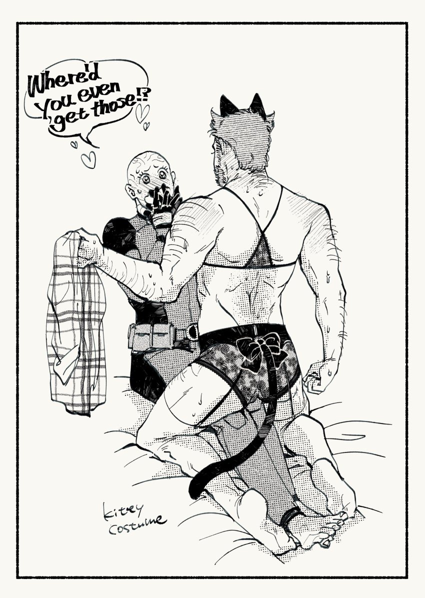 2boys animal_ears arm_hair ass azuko_(@zuco) back bald bare_shoulders barefoot beard blush bodysuit bow bra cat_boy cat_ears cat_tail crossdressing deadpool deadpool_&_wolverine_(2024) english_text facial_hair fake_tail full-face_blush full_body garter_belt gay gloves heart holding holding_shirt holding_unworn_clothes james_howlett kneeling lace lace-trimmed_bra lace-trimmed_panties lace_trim leg_hair legs lingerie logan_(x-men) looking_at_another male_focus marvel marvel_cinematic_universe marvel_comics mature_male multiple_boys muscular muscular_male open_mouth panties scar scars_all_over shirt short_hair sitting sitting_on_person superhero_costume sweat tail tail_bow tail_ornament thighhighs underwear wade_wilson wolverine_(x-men) x-men yaoi