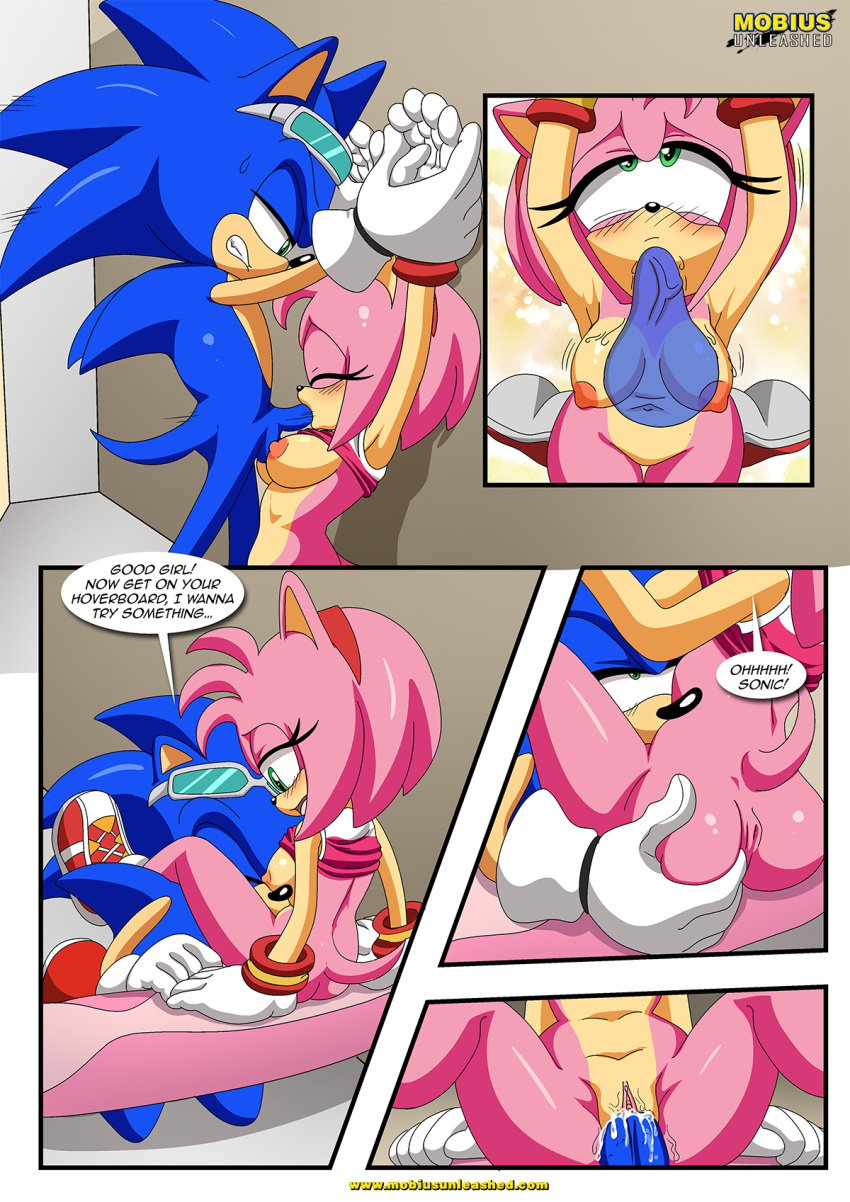 1boy 1girls amy_rose bbmbbf comic mobius_unleashed palcomix sonic_(series) sonic_riders sonic_the_hedgehog sonic_the_hedgehog_(series) sucking_penis