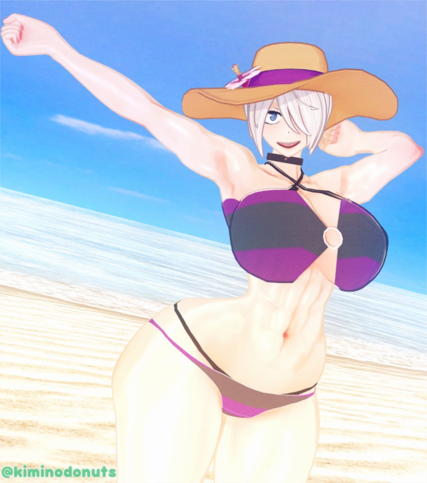 1female 1girls 3d 3d_(artwork) abs alternate_costume angel_(kof) armpits beach belly_button biceps big_ass big_breasts blue_eyes blue_sky choker female_only fit_female hat huge_ass kiminodonuts king_of_fighters koikatsu purple_bikini purple_swimsuit snk striped_bra sun_hat swimsuit thick_thighs thighs white_hair