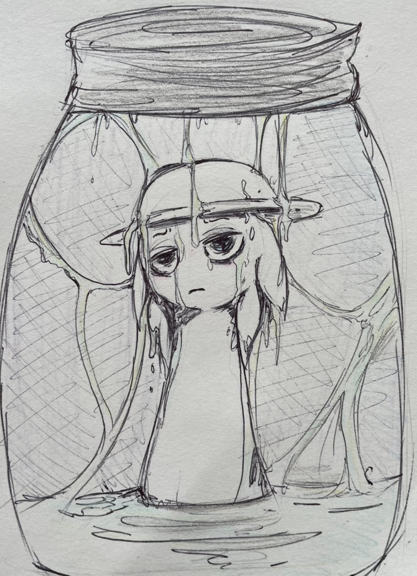 black_and_white blush covered_in_cum cum in_jar jar line_art no_genitals not_impressed pencil_(artwork) sprunki tunner_(sprunki)