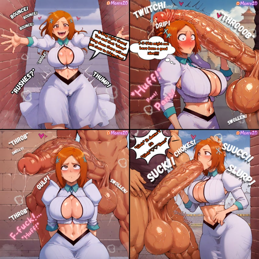 1boy 1boy1girl ai_assisted ai_generated balls bleach bleach:_the_thousand-year_blood_war blowjob cock comic dark-skinned_male female huge_breasts huge_cock inoue_orihime monre20 oral pale_skin penis tagme