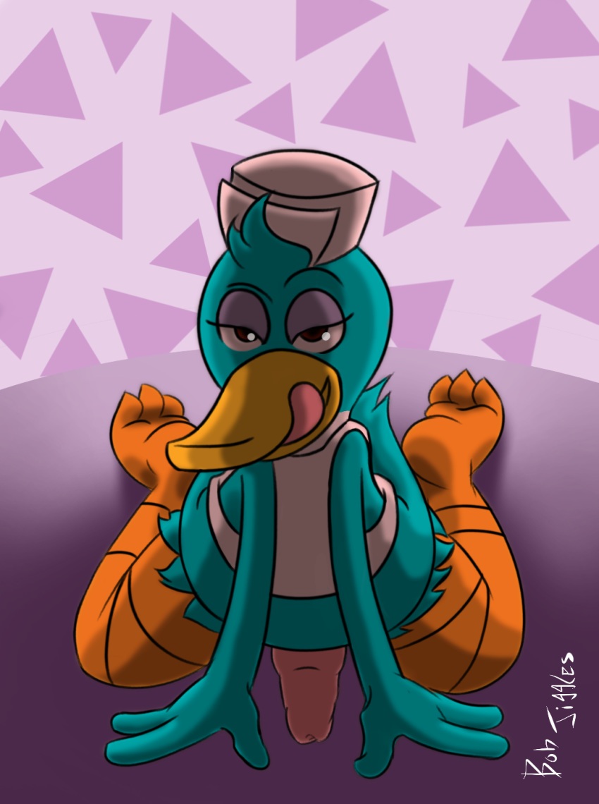 2017 anthro avian beak bird bob-jiggles clothed clothing feathers hair looking_at_viewer male male_only penis portrait queer_duck_(character) queer_duck_(series) queerduck_(queerduck) smile solo tongue tongue_out