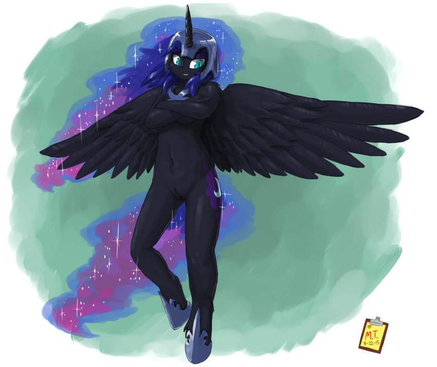 2015 alicorn anthro armor astral_hair black_fur blue_eyes blue_hair blue_tail breasts clothing crossed_arms cutie_mark dark_persona equine female footwear friendship_is_magic fur hair helmet horn horse mammal my_little_pony nightmare_moon_(mlp) pony princess_luna_(mlp) pussy shoes simple_background smile the-minuscule-task white_background wings