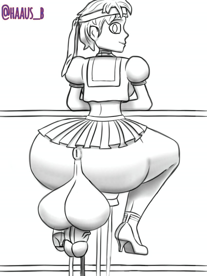 1futa back back_view balls big_ass big_penis bottomless breasts clothed clothing dickgirl erection futa_only futa_sans_pussy futanari haaus_b high_heels huge_balls huge_cock human light-skinned_futanari light_skin looking_back monochrome mostly_clothed oversized_balls penis sakura_kasugano self_upload sitting solo solo_female street_fighter