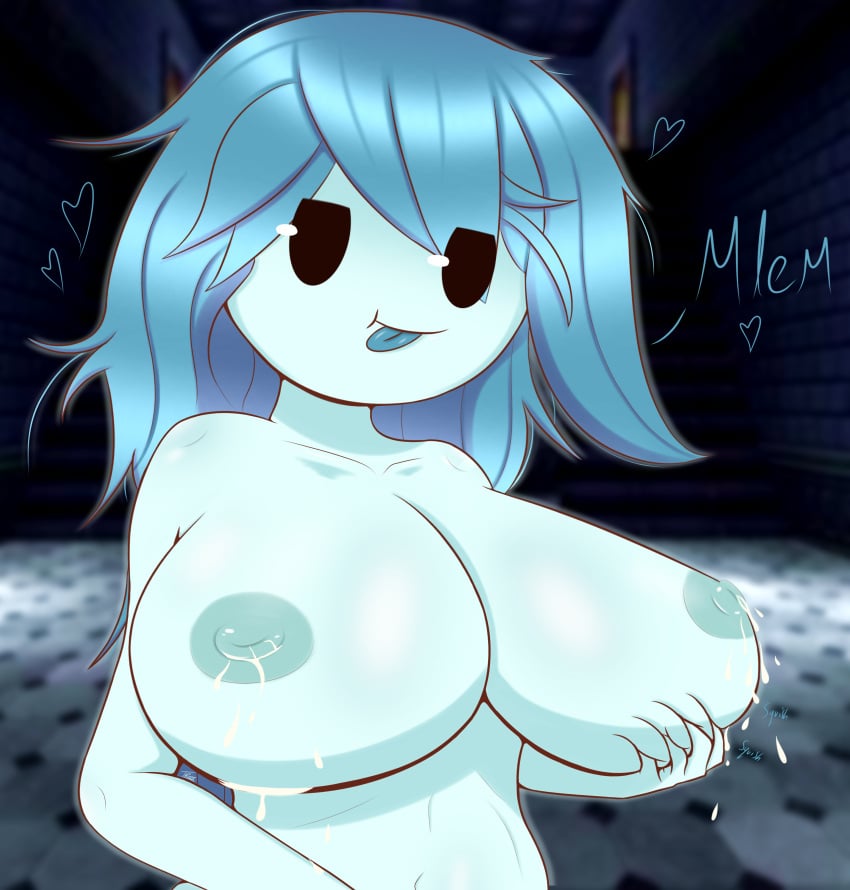 1girls 4k blue_hair blurry_background breasts breasts_bigger_than_head brown_eyes ghost ghost_girl gothtrishy heart hi_res highres huge_breasts lactating lactation long_hair looking_at_viewer messy_hair milk milk_squirt milking monster monster_girl nightmare_waifu silly spooky's_house_of_jump_scares spooky's_jump_scare_mansion spooky_(shojs) squish squished_breasts text tongue tongue_out