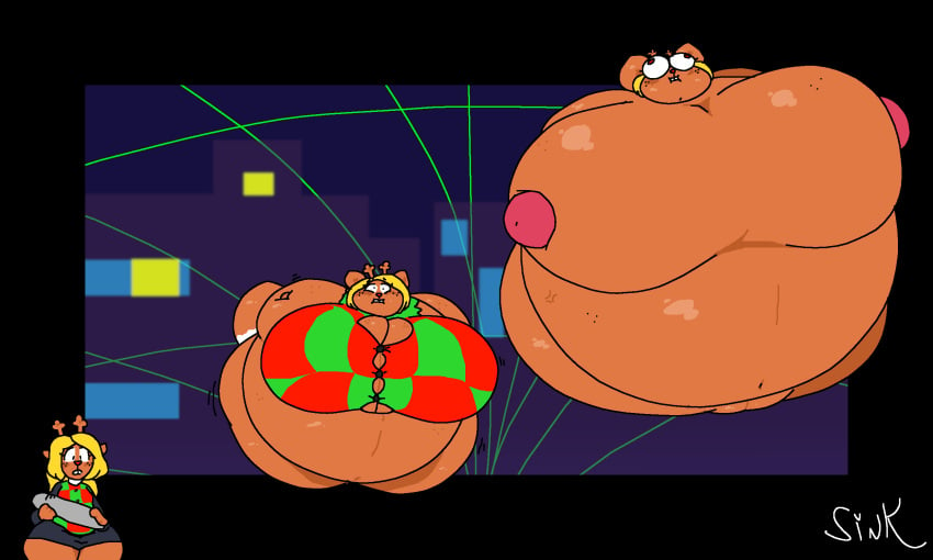 about_to_burst about_to_explode about_to_pop big_breasts big_butt blonde_hair brown_fur deltarune gigantic_ass gigantic_breasts horns inflated_belly inflation inflation_fetish massive_ass massive_breasts noelle_holiday sinktober sinktober_(artist) uber uber_inflation