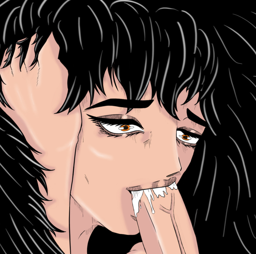 ambiguous_gender black_hair blowjob cum cum_in_mouth cum_inside face_closeup fellatio long_hair orange_eyes tsuman_(artist)