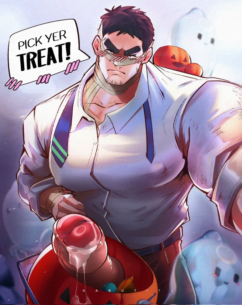 1boy alternate_pectoral_size bandaged_head bandages bara black_hair blush collared_shirt covered_nipples cowboy_shot cum_on_penis english_text facial_hair foreskin frown ghost girthy_penis goatee_stubble halloween halloween_bucket highres huge_pectorals large_penis looking_at_viewer male_focus male_only mature_male muscular muscular_male necktie penis senpai_ga_uzai_kouhai_no_hanashi shirt short_hair solo stubble takeda_harumi_(shiromanta) thick_eyebrows trick_or_treat turdburd_art uncensored undone_necktie v-shaped_eyebrows