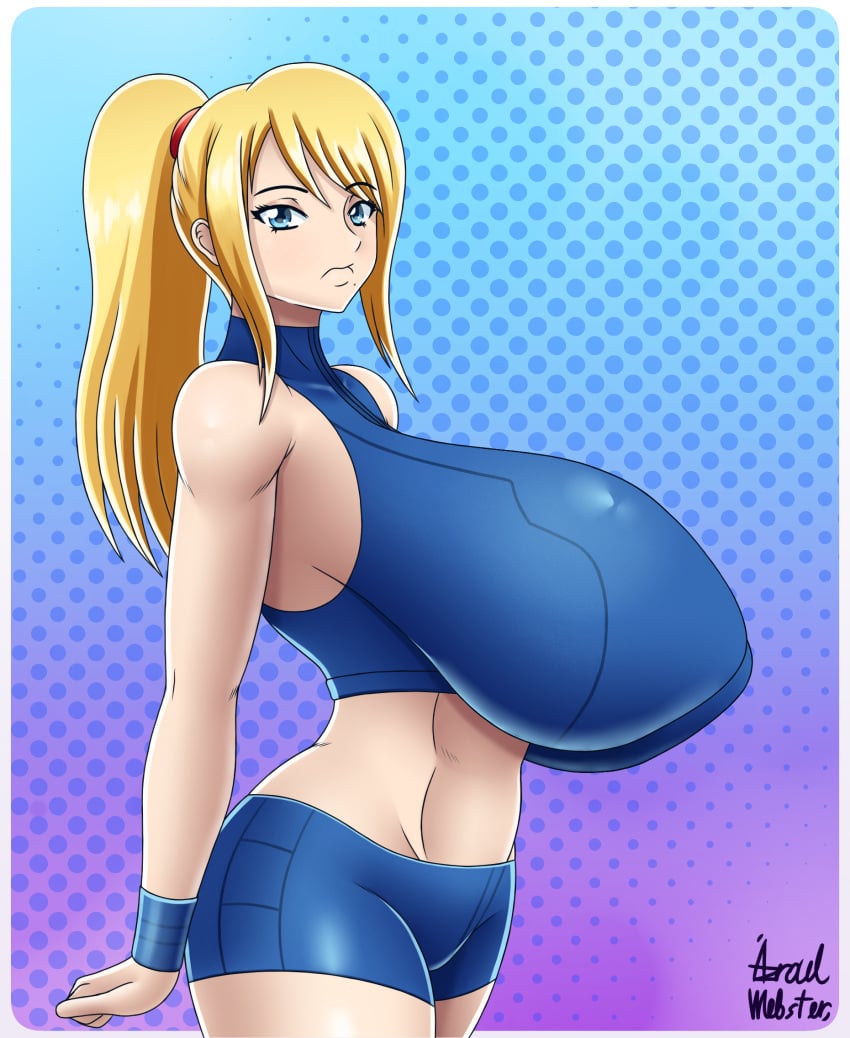 1girls 2024 azraelwebster bare_shoulders beauty_mark big_thighs blonde_female blonde_hair blue_clothing blue_crop_top blue_eyes blue_shorts breasts_bigger_than_ass breasts_bigger_than_head breasts_bigger_than_torso casual_outfit_(metroid) clothed clothing crop_top eyebrows_visible_through_hair female female_focus female_only flexible gradient_background high_ponytail huge_breasts large_breasts light-skinned_female light_skin lips looking_at_viewer metroid metroid_fusion midriff nintendo nipple_bulge ponytail samus_aran serious short_shorts shorts sleeveless solo thick thick_hips thick_thighs thin_female tied_hair top_heavy wide_hips wristband zero_suit_samus