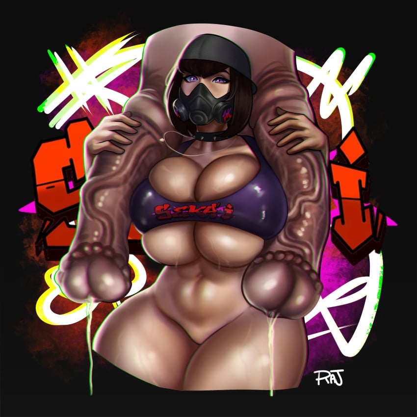 animal big_penis bottomless brown_hair bursting_breasts busty choker cleavage collar crop_top disembodied_penis female female_focus gas_mask horsecock hourglass_figure huge_cock large_penis long_penis monster monster_cock navel overflowing_breasts penis purple_eyes rajangnsfw sekai_seki_(oc) short_hair spiked_collar sweat tagme underboob veiny_penis wide_hips