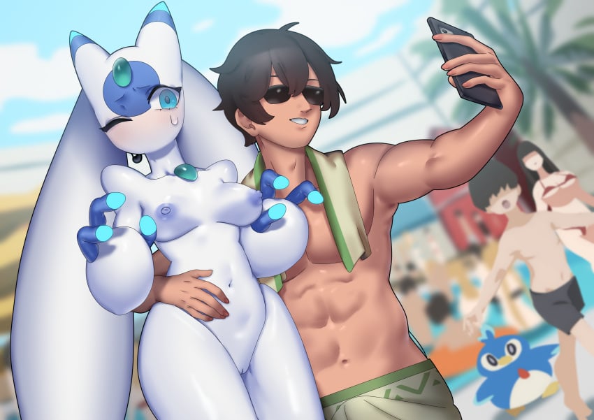 anthro areola artist_request ass beach big_ass big_thighs blue_eyes blush breasts embarrassed female lunaris_(pal) male nipples pal_(species) pal_tamer palworld pengullet phone pocketpair robot robot_girl selfie small_breasts sunglasses sweat sweatdrop tagme taking_picture taking_selfie thick_hips thick_thighs thighs water white_body