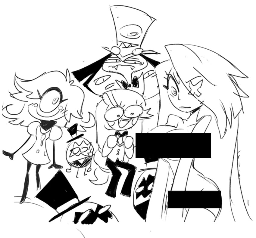 2024 3girls 4boys black_and_white breasts censored charlie_morningstar_(hazbin_hotel) egg_boi hazbin_hotel highres miscon niffty nude nude_female sir_pentious sketch vaggie_(hazbin_hotel) yellow_hair yuri