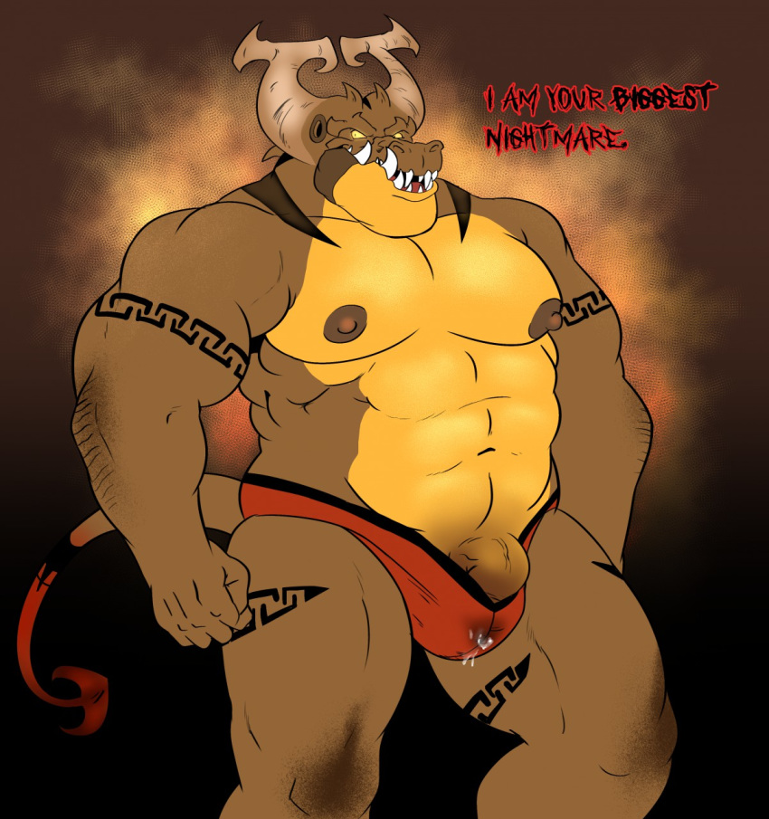 1boy 2017 6pklion abs absurd_res anthro behemoth biceps big_muscles clothed clothing demon digital_media_(artwork) english_text glowing glowing_eyes half-erect hi_res horn looking_at_viewer looking_back male male_only muscular nipples pecs penis precum quads scales sharp_teeth skimpy solo standing stocky tattoo teeth text topless underwear vein veiny_penis