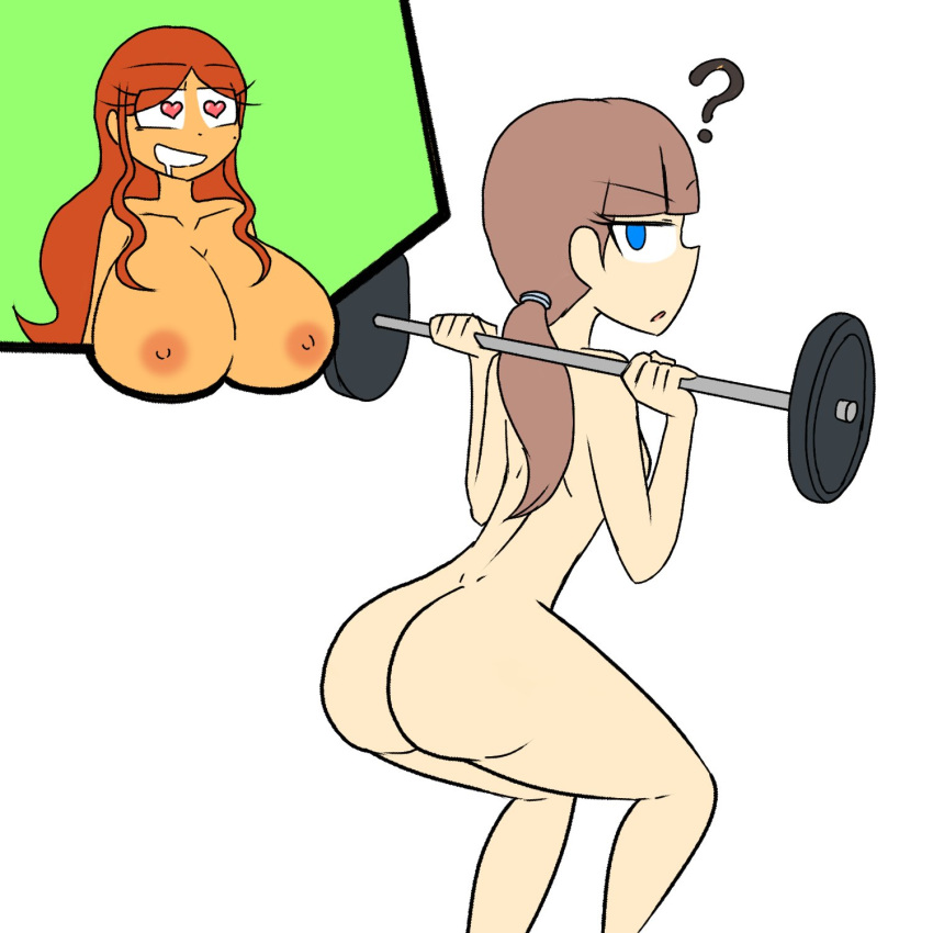 2girls ass blue_eyes breasts clara_garcia drooling female fit fit_female fitness heart_eyes joana_jimenez light_brown_hair long_hair looking_back multiple_girls nairod103098 nipples nude orange_hair ponytail squatting tagme weightlifting