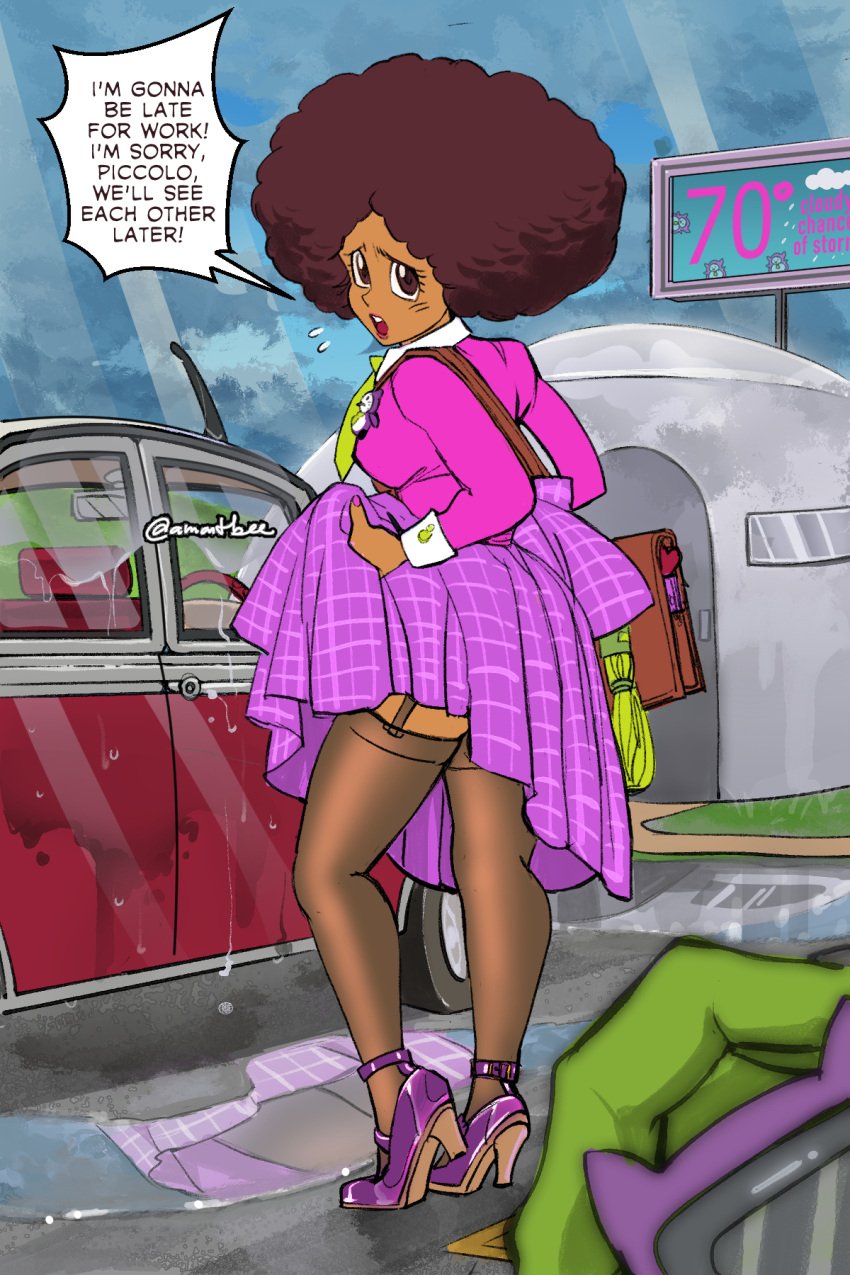 1boy 1girls afro amartbee artist_name brown_eyes brown_hair dark-skinned_female dark_skin dragon_ball dragon_ball_super english_text garter_straps high_heels janet_(dragon_ball) legs offscreen_character offscreen_male pantyhose purple_outfit purple_skirt skirt_lifted_by_self speech_bubble twitter_username