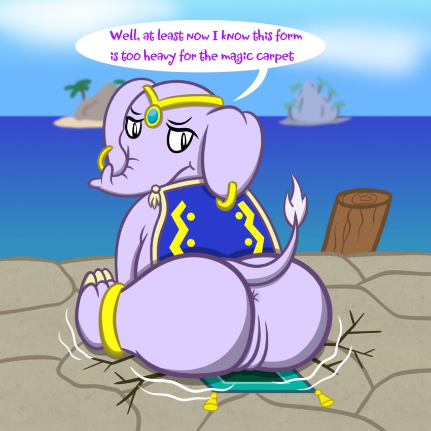 anus ass big_butt cracks detailed_background elephant elephantid english_text female feral genitals hi_res island jewelry looking_back magic_carpet mammal motion_lines outside proboscidean pussy sea shantae shantae_(character) shantae_(elephant_form) sharkinwaves solo text water wayforward