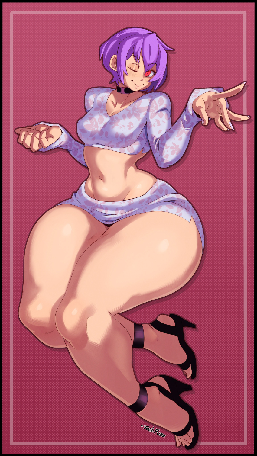 1girls bottom_heavy darkstalkers lilith_aensland looking_at_viewer medium_breasts purple_hair red_eyes short_hair succubus tecfuzz thick_ass thick_legs thick_thighs wide_hips wide_thighs