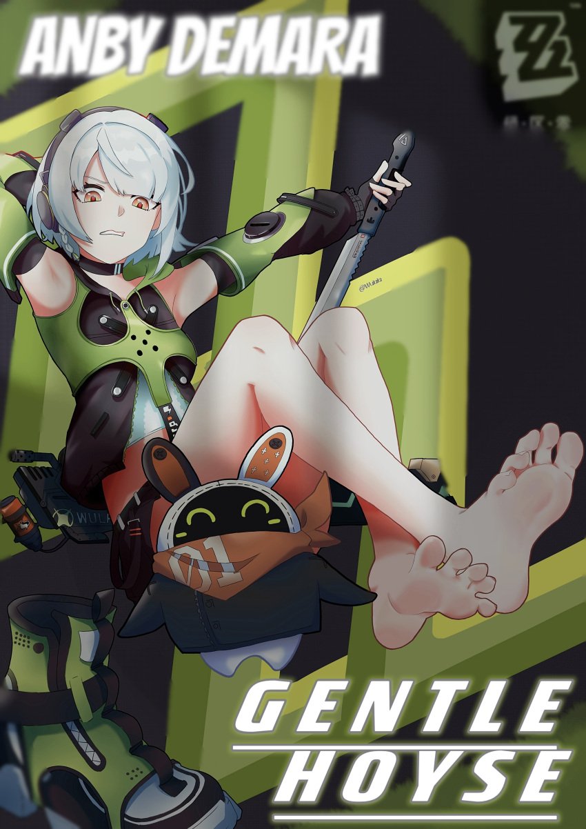 1girls 5_toes anby_demara artist_request barefoot feet female female_human female_human_feet female_only holding_sword human one_female orange_eyes shoes_off shoes_removed short_hair soles solo solo_female sword toes white_hair zenless_zone_zero