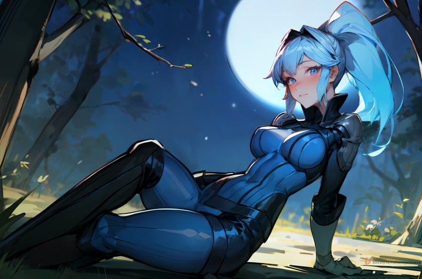 ai_generated big_breasts blue_eyes blue_hair bodysuit clothed dota_2 gloves hips long_hair luna_(dota) nohornyallowed sfw stable_diffusion