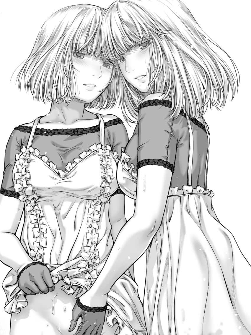 2girls blush bottomless clothes_lift commentary_request dress fingering frills gloves grey_hair highres incest looking_at_viewer medium_hair monochrome multiple_girls off-shoulder_shirt off_shoulder original parted_lips pussy_juice shirt short_hair short_sleeves siblings skirt skirt_lift sweat takekawa_shin twins vaginal_penetration yuri