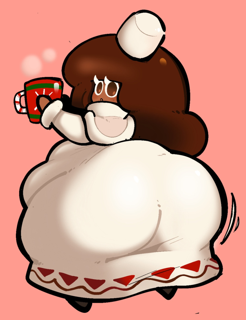 1girls ass ass_visible_through_clothes back_view bottom_heavy brown_eyes brown_hair brown_skin chubby clothing cocoa_cookie cookie cookie_run female female_only fizzooka food_creature food_humanoid hat holding_object huge_ass long_hair marshmallow motion_lines mug