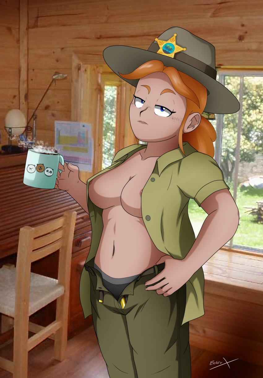 breasts coffee_mug eddyx looking_back open_pants open_shirt park_ranger ranger_hat ranger_tabes undressing we_bare_bears