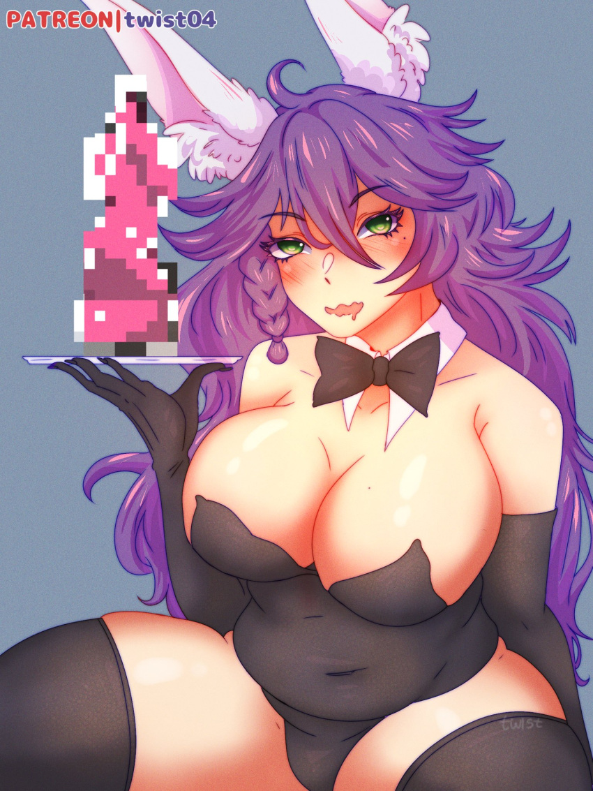 beauty_mark big_breasts bowtie breasts bulge bunny_costume bunny_ears bunny_girl bunnysuit censored digital_media_(artwork) dildo female female_focus green_eyes only_female patreon purple_hair smile smug_face twist04