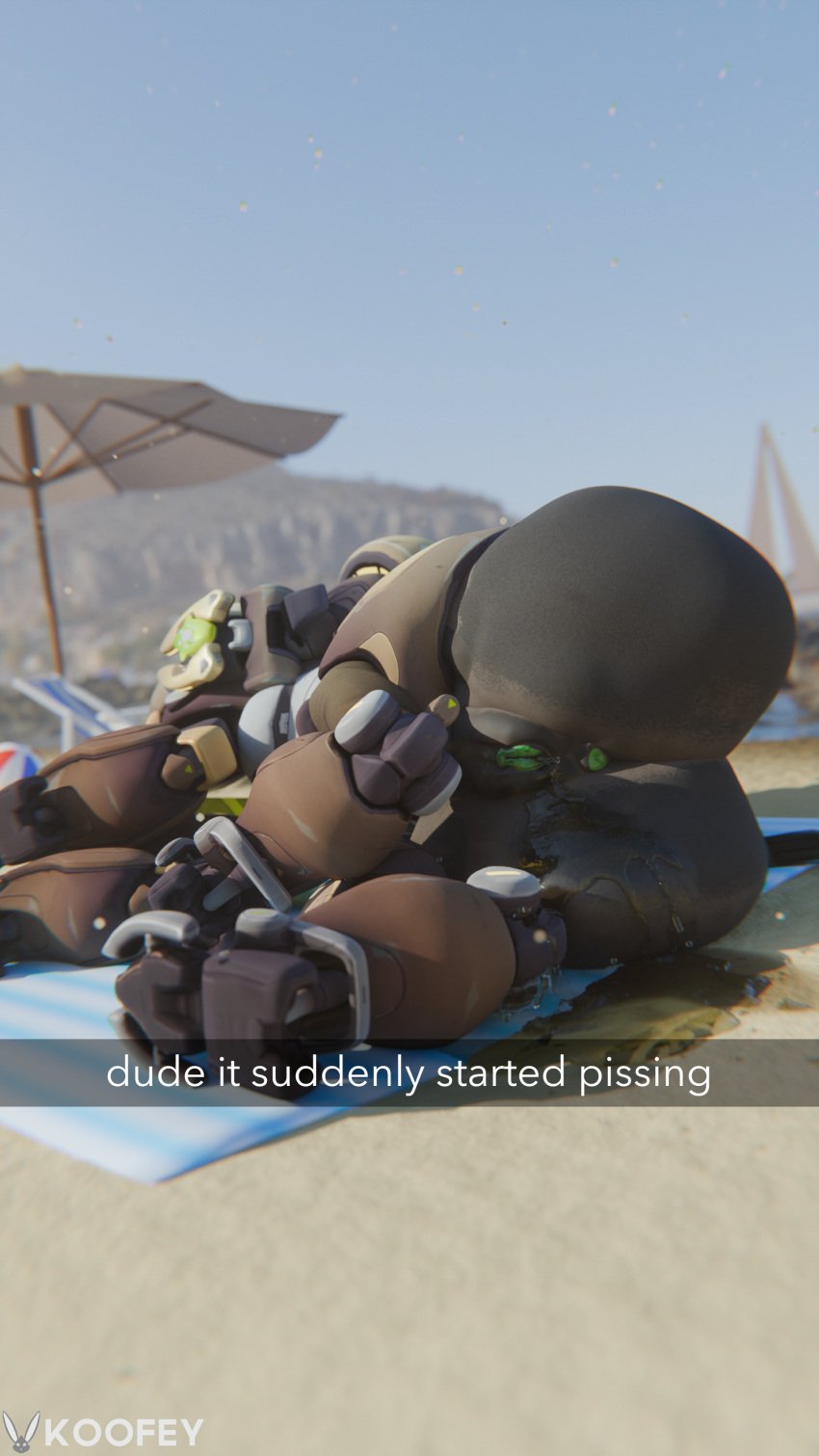 3d absurd_res ball beach beach_ball blender_(disambiguation) blender_(software) blizzard_entertainment bodily_fluids crotch genital_fluids genitals hi_res horn inflatable koofey machine omnic omorashi orisa overwatch overwatch_2 peeing puddle pussy robot taur text_box urine watersports wet wet_body wetting