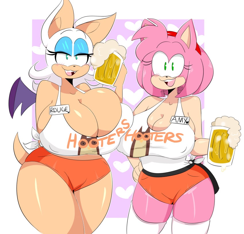 2girls aged_up amy_rose bat bat_wings bedroom_eyes beer beer_mug big_ass big_breasts big_butt bimbo breasts busty cleavage clothed fangs female female_only hedgehog hooters hourglass_figure huge_breasts jinu perky rouge_the_bat seductive seductive_look sega sonic_(series) text_on_clothing thick_thighs thunder_thighs voluptuous wide_hips